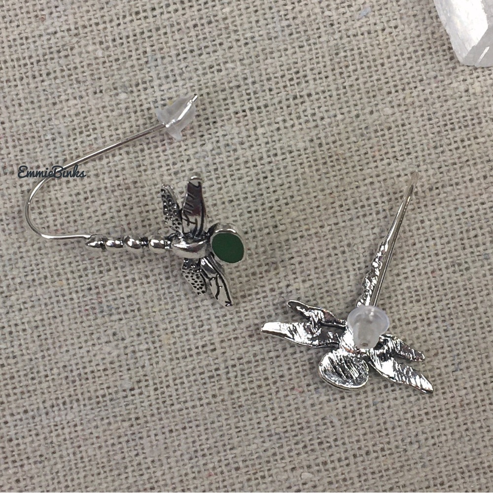 ✨3/$38 New Antique Silver & Green Dragonfly Drop Dangle Earrings - Free People - Picture 7 of 10